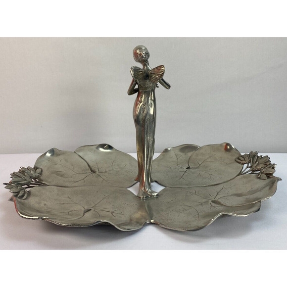 Antique Art Nouveau Pewter Fairy with Dove Lily Pads Sculpture Centerpiece Tray - Picture 12 of 12